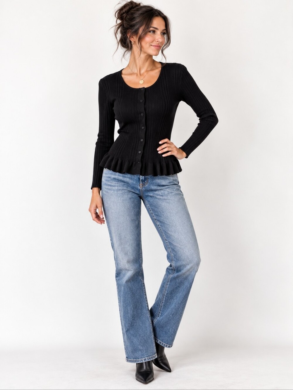 CAbi Party Cardigan Black Ribbed Ruffle Sweater XS Style 5287